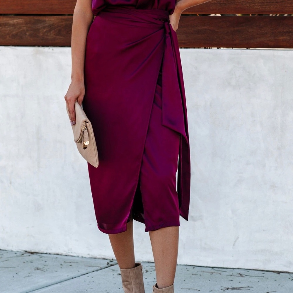 VICI Satin Wine Wrap Midi Skirt
